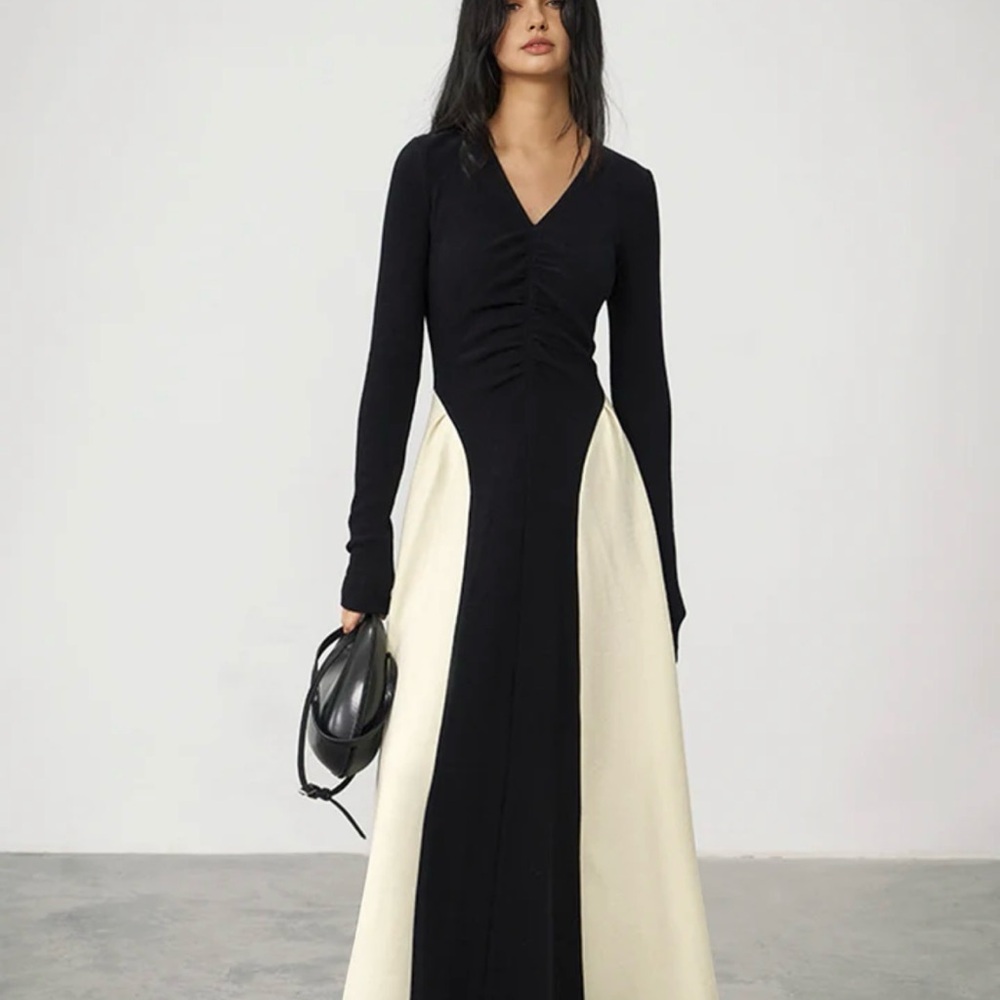 Commense Elegant Black and Cream Long Sleeve Dress